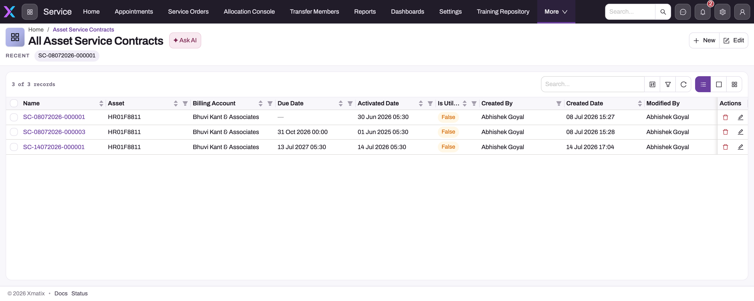 All Asset Service Contracts list with three entitlements showing Name, Asset, Billing Account, Due Date, Activated Date, Is Utilized and audit columns