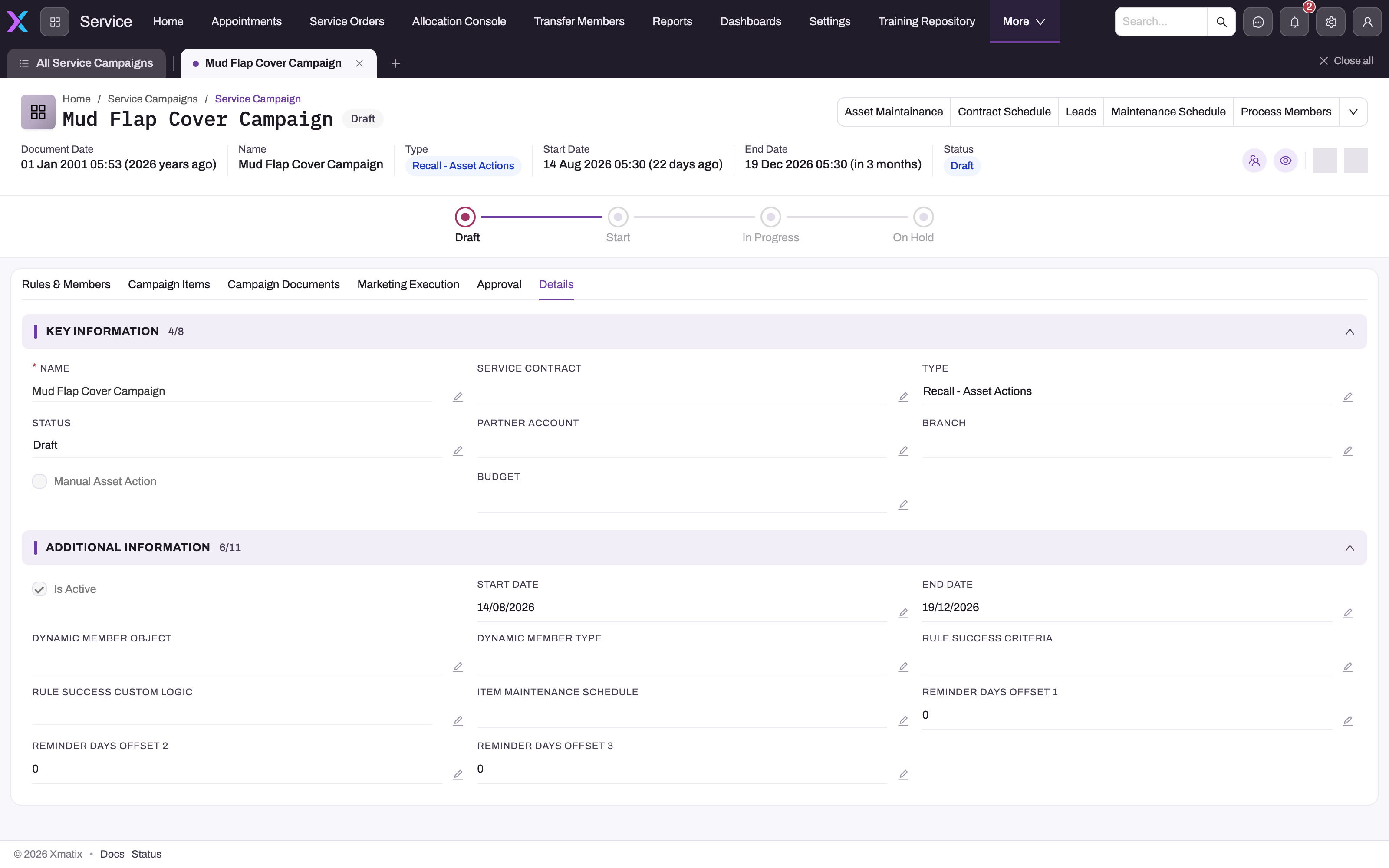 Service campaign Details tab showing Key Information (Name, Service Contract, Type, Status, Partner Account, Branch, Manual Asset Action, Budget) and Additional Information (Is Active, Start Date, End Date, Dynamic Member Object, Dynamic Member Type, Rule Success Criteria, Rule Success Custom Logic, Item Maintenance Schedule, Reminder Days Offset 1-3)