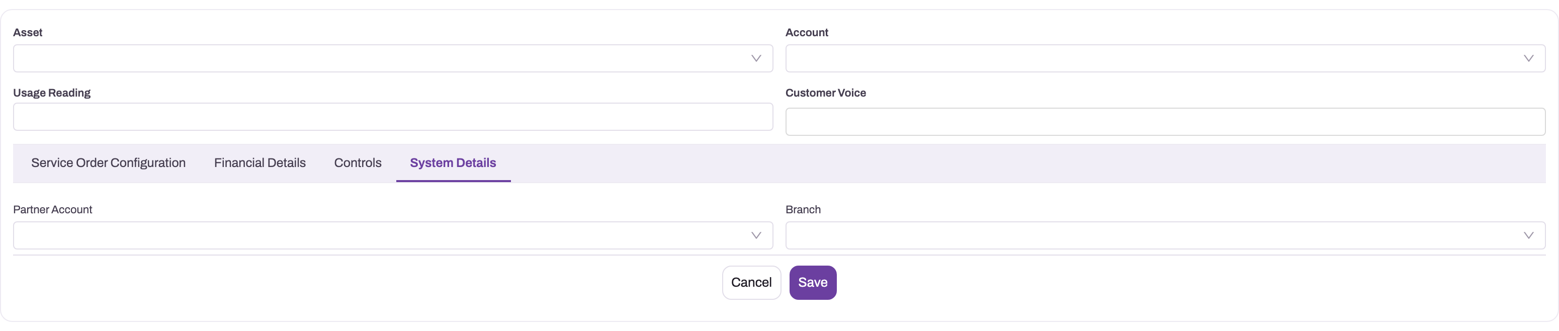 New Service Order form on the System Details tab, showing the Partner Account and Branch lookups above Cancel and Save