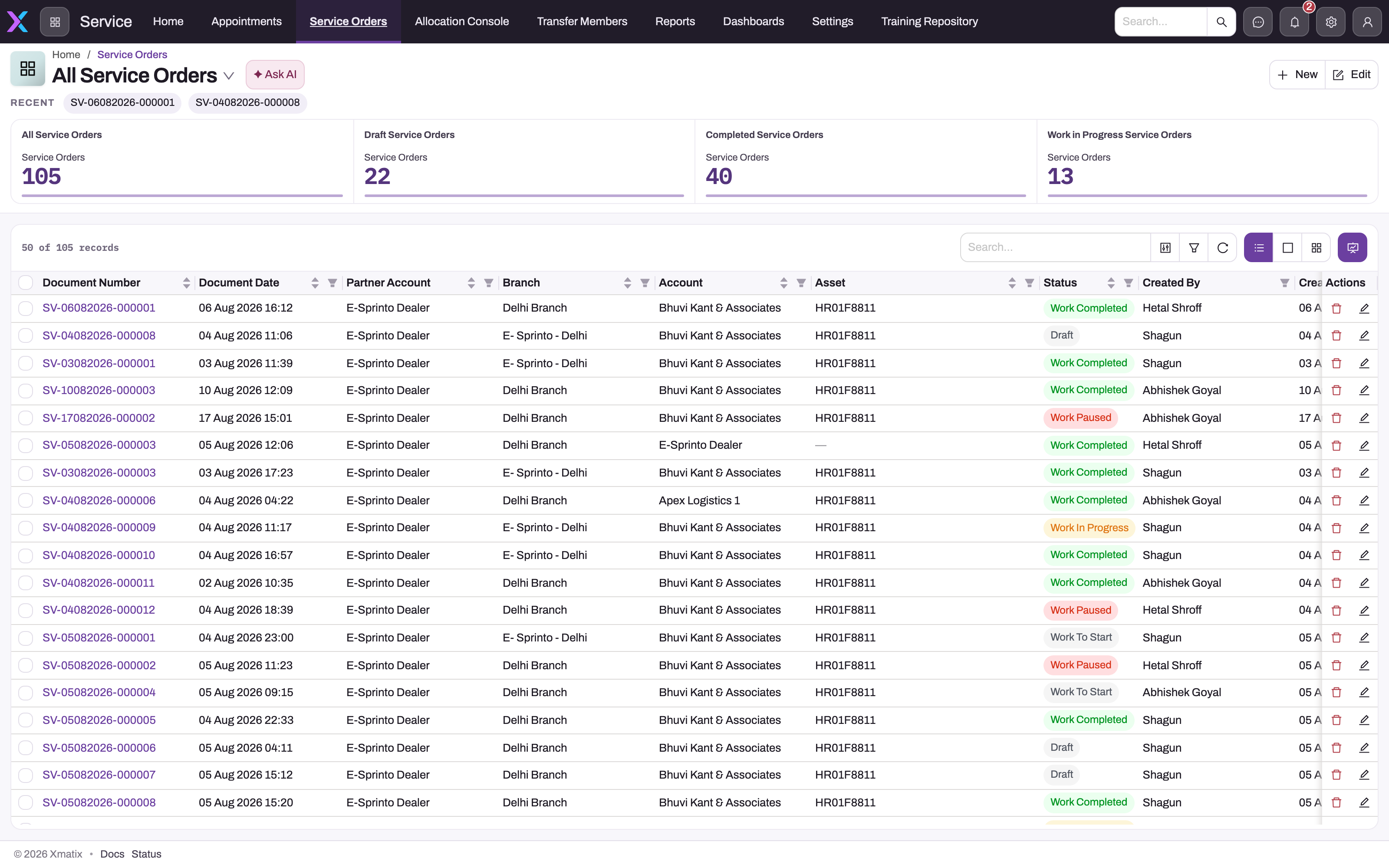 All Service Orders list in the Service app with summary tiles for all, draft, completed and work-in-progress orders above a table of job cards showing document number, dates, partner account, branch, account, asset and status