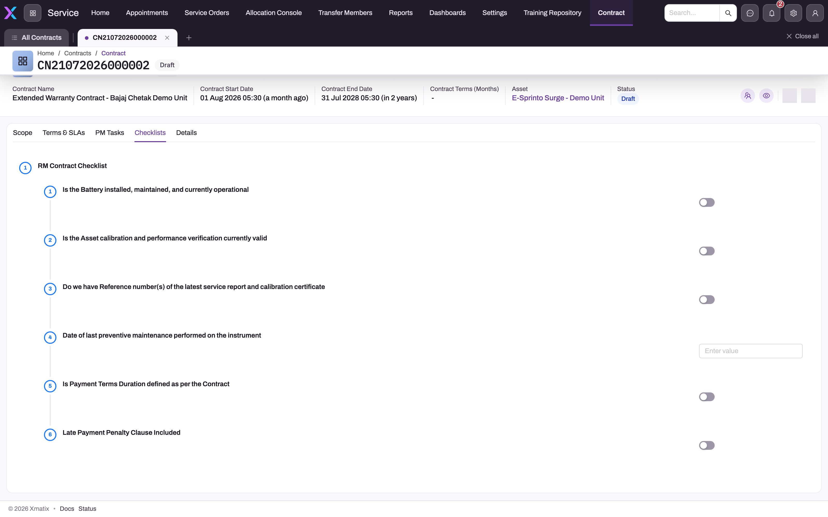 Contract record on the Checklists tab showing the RM Contract Checklist: five yes/no toggles and one text input arranged as a numbered timeline