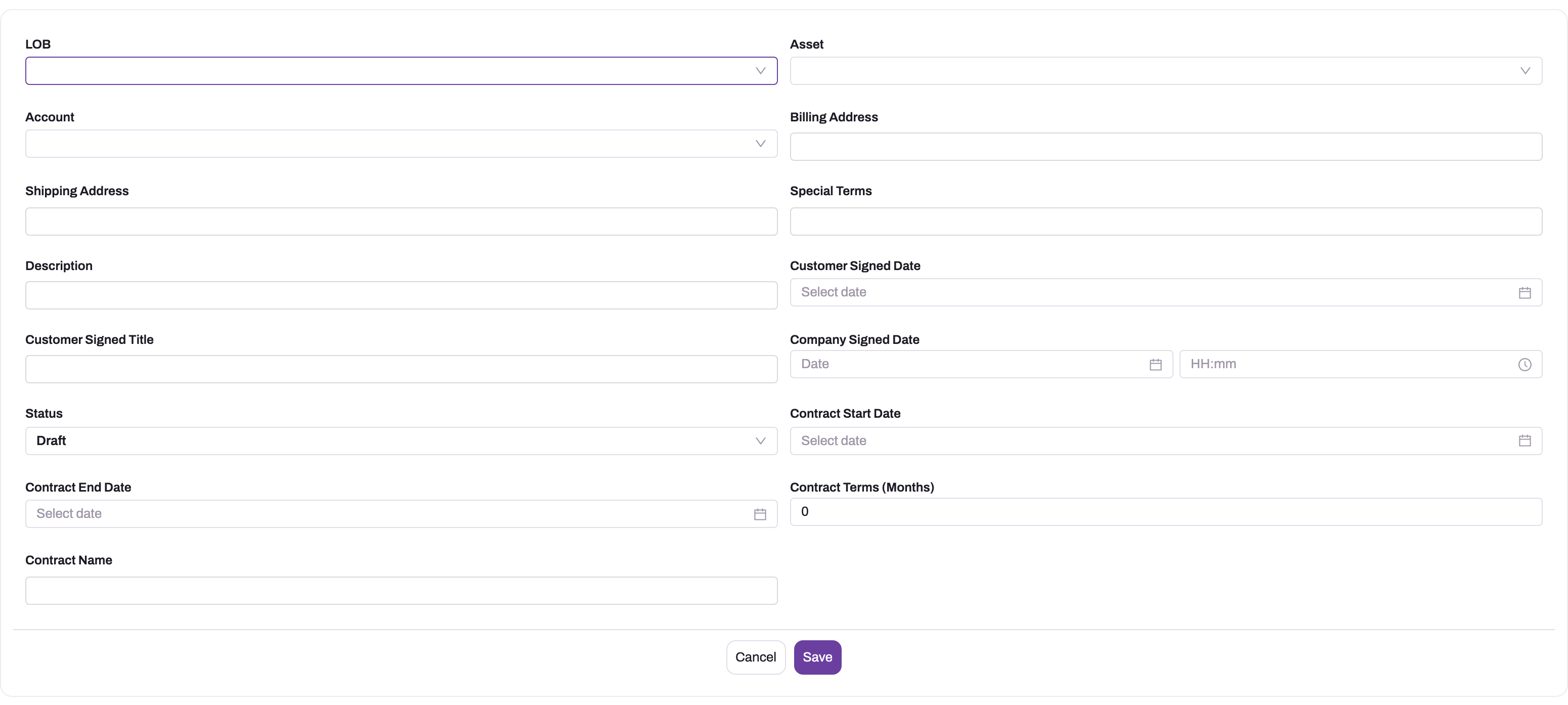 New Contract form with LOB, Asset, Account, Billing Address, Shipping Address, Special Terms, Description, Customer Signed Date, Customer Signed Title, Company Signed Date, Status, Contract Start Date, Contract End Date, Contract Terms (Months) and Contract Name