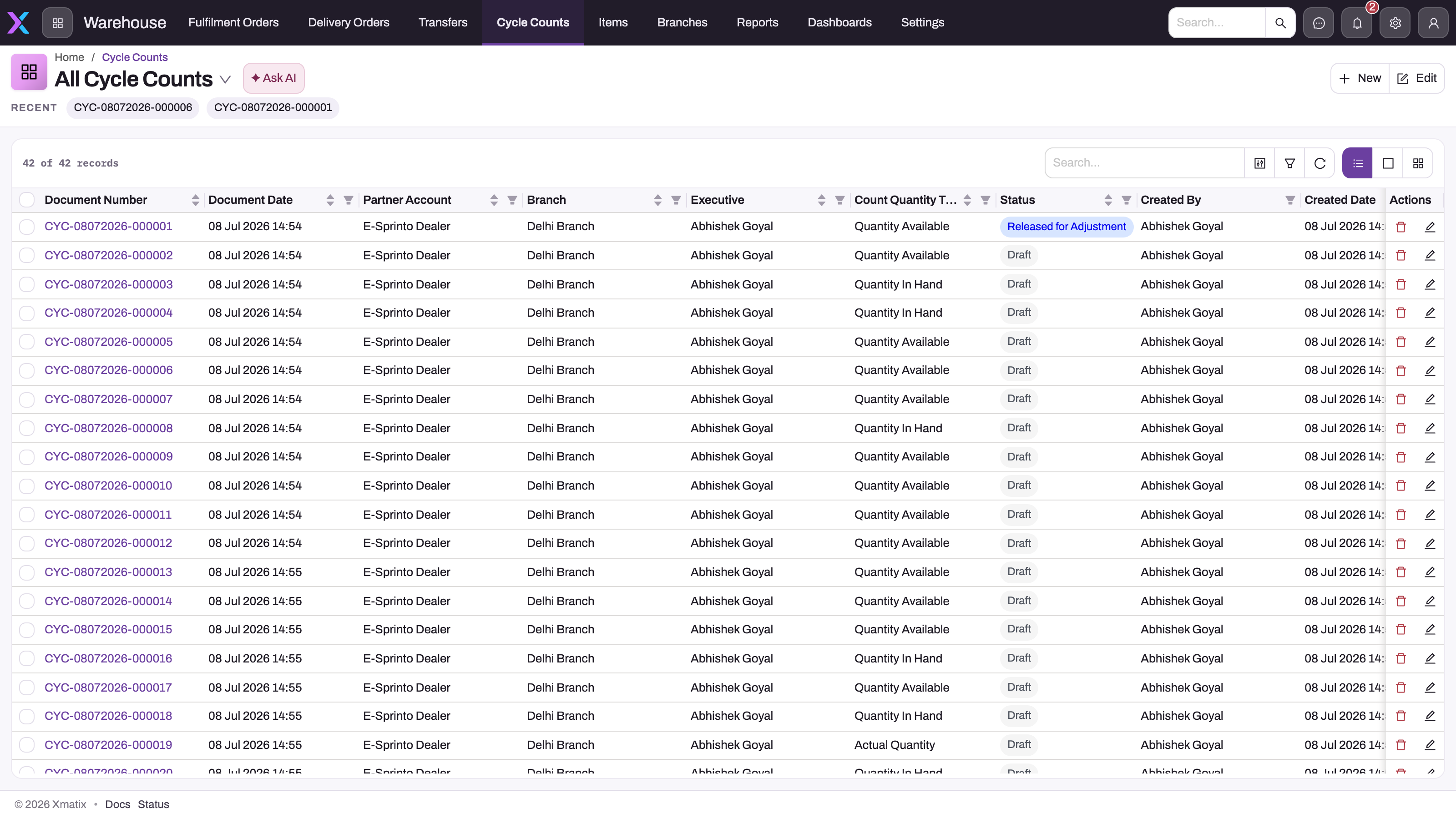All Cycle Counts list in the Warehouse app showing 42 count documents with partner account, branch, executive, count quantity type and status
