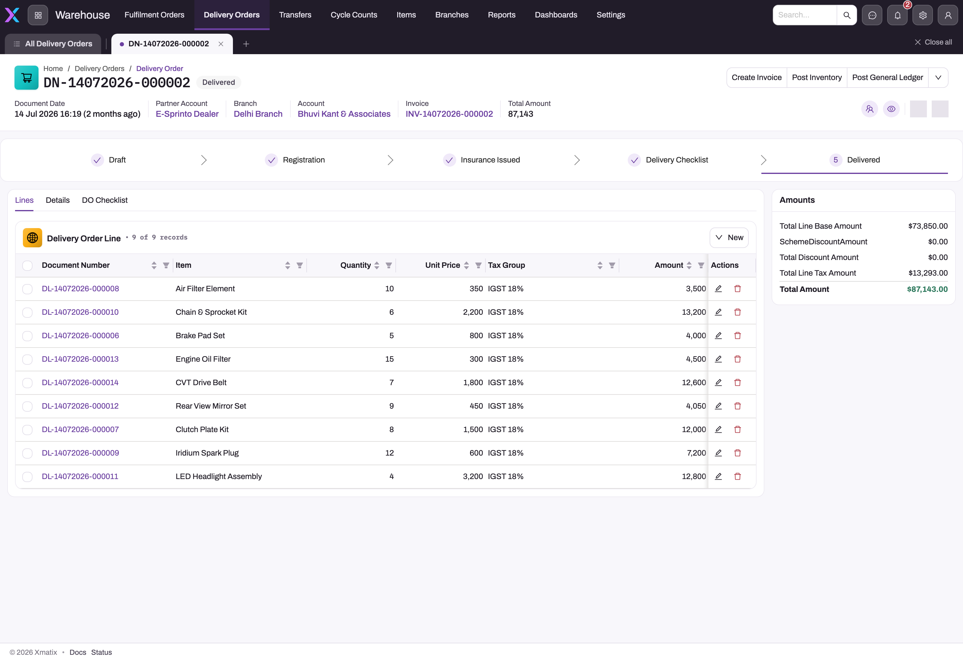 Lines tab of a delivered delivery order showing nine Delivery Order Line rows with item, quantity, unit price, tax group and amount, the header actions and the Amounts panel