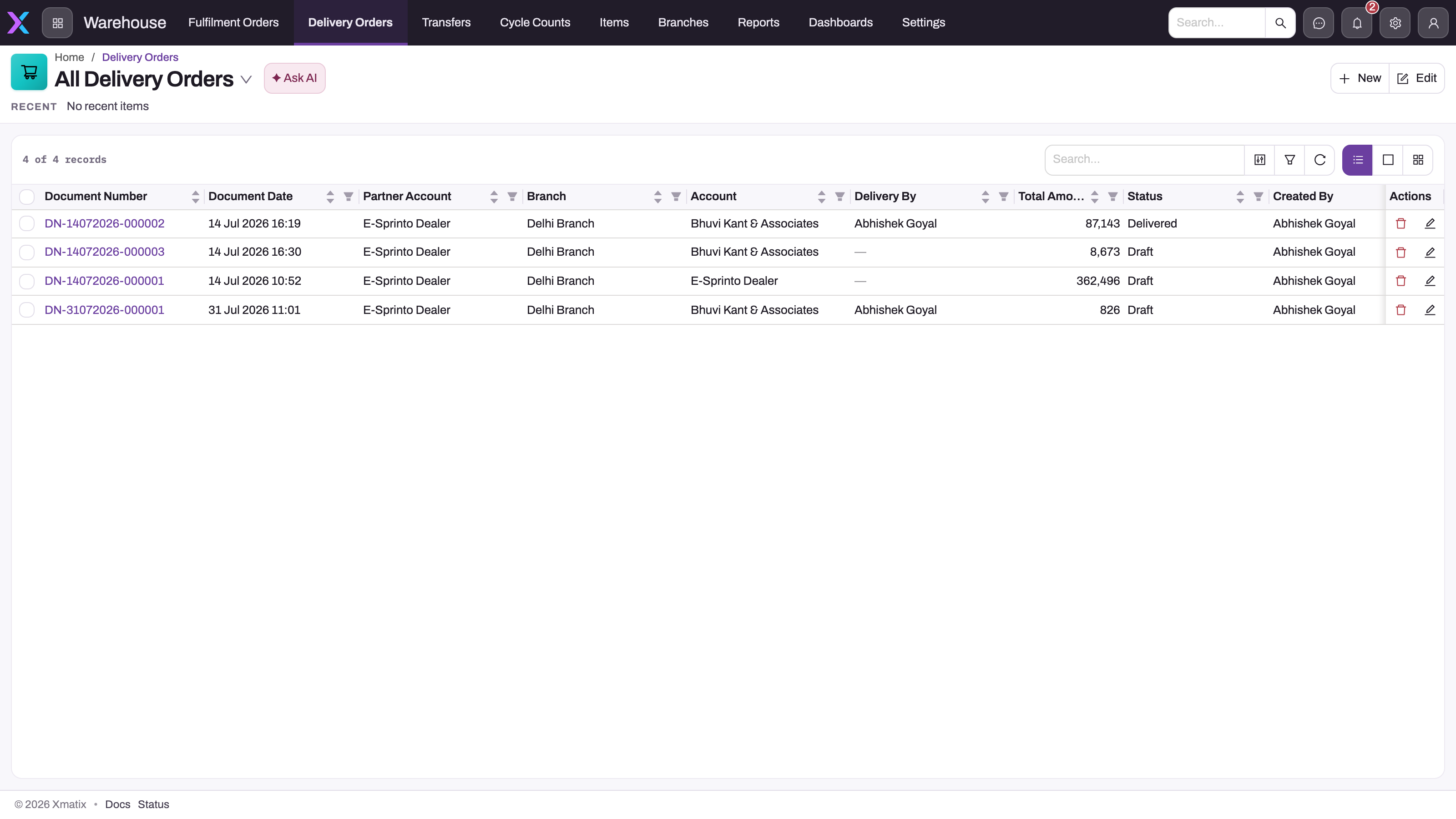 All Delivery Orders list in the Warehouse app showing four delivery orders with partner account, branch, customer account, Delivery By, total amount and status