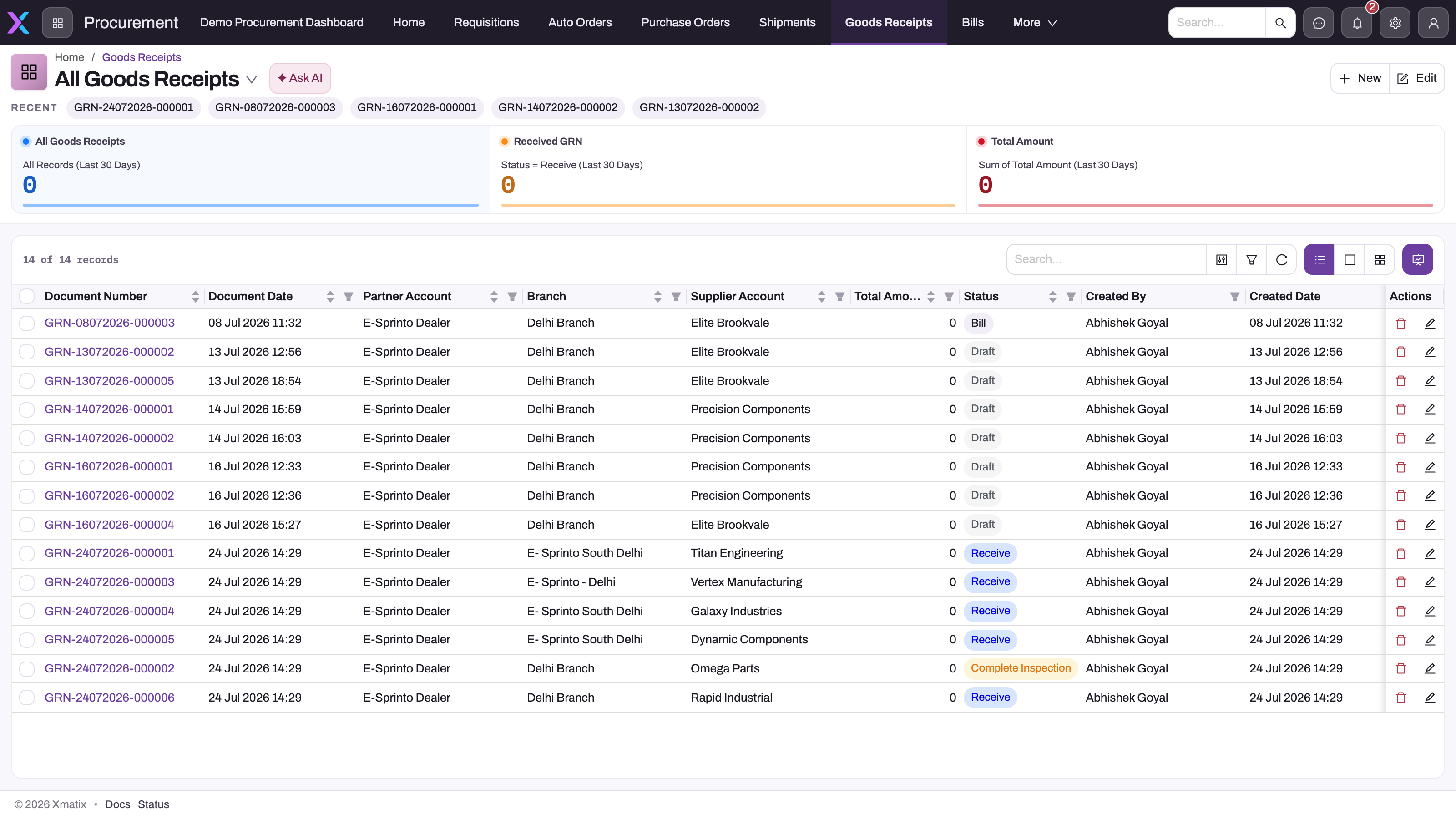 All Goods Receipts list in the Procurement app with 30-day summary cards and 14 receipts showing partner account, branch, supplier account, total amount and status (Draft, Receive, Complete Inspection, Bill)