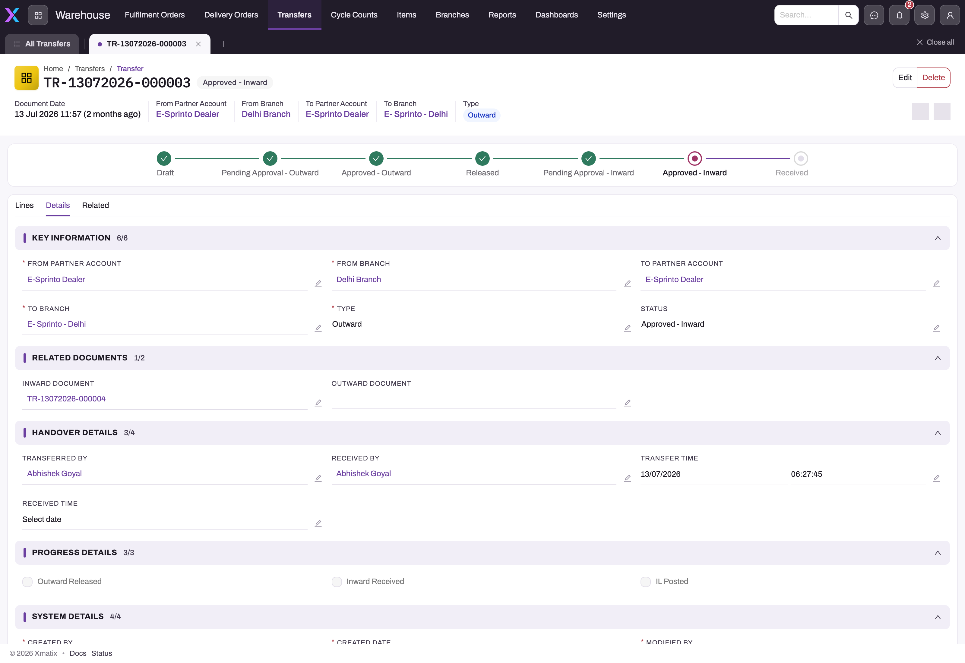 Details tab of a saved transfer showing Key Information, Related Documents with the generated inward document, Handover Details with transferred-by, received-by and times, and Progress Details flags
