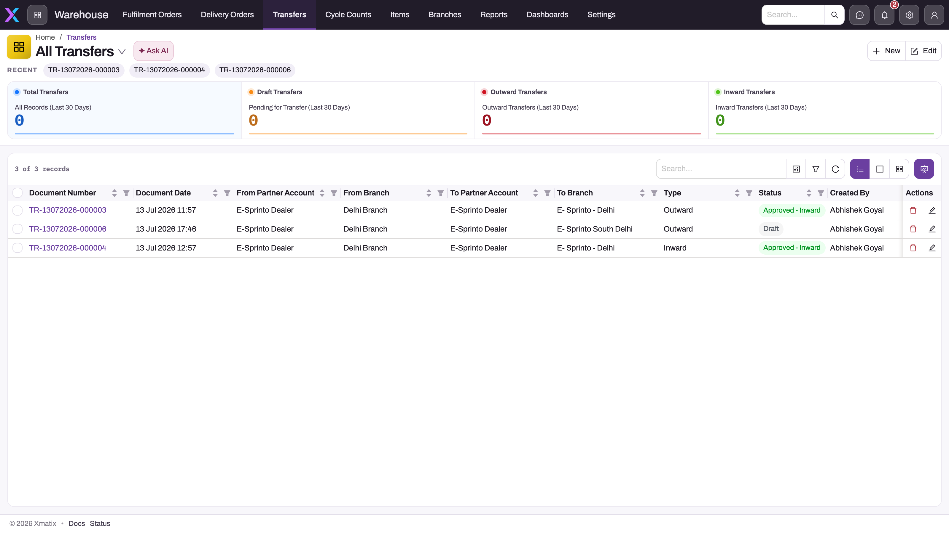 All Transfers list in the Warehouse app with summary cards for total, draft, outward and inward transfers and three rows showing from/to partner account and branch, type and status