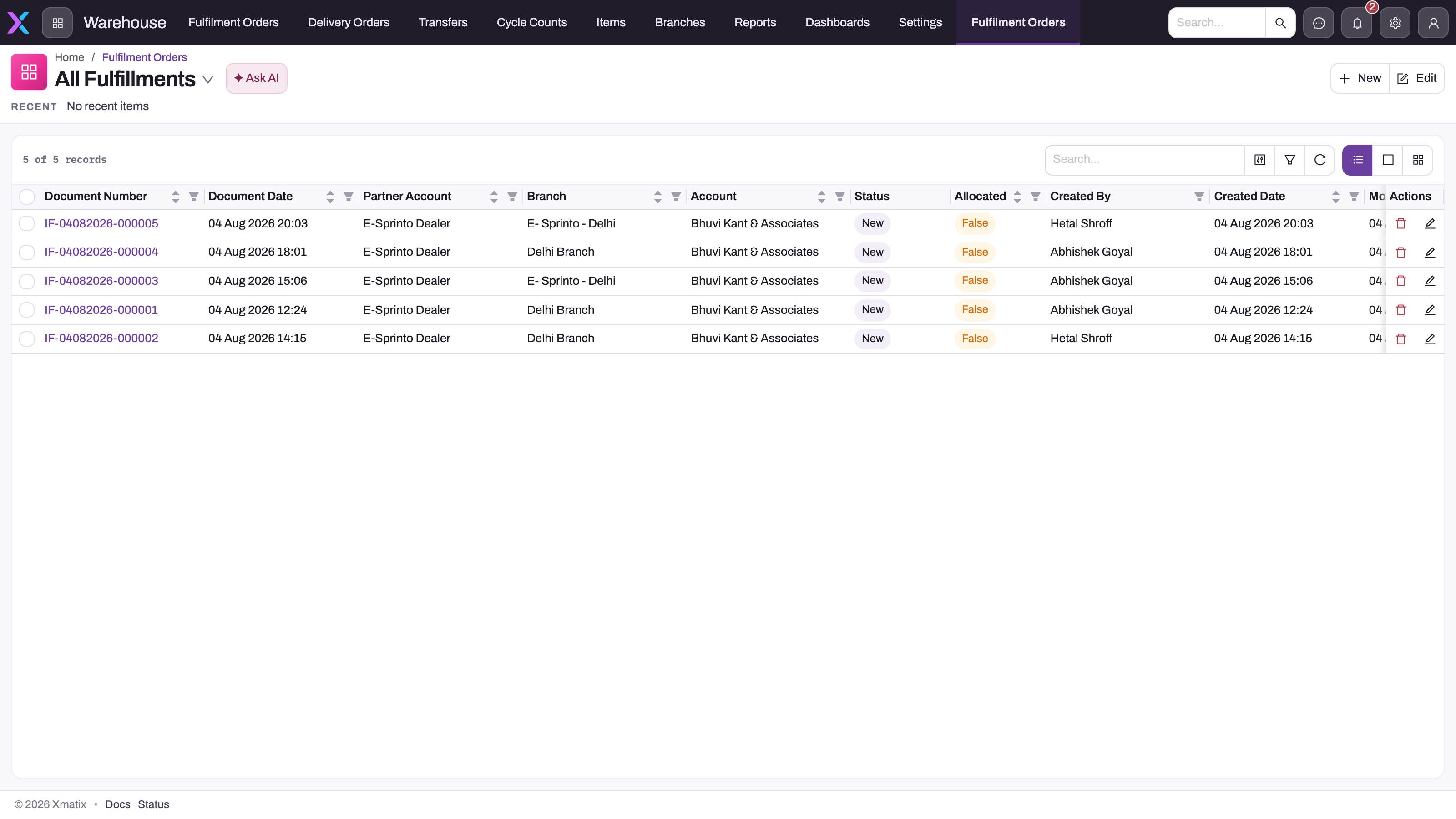 Warehouse app with the All Fulfillments list showing five fulfilment documents with partner account, branch, customer account, status New and Allocated False